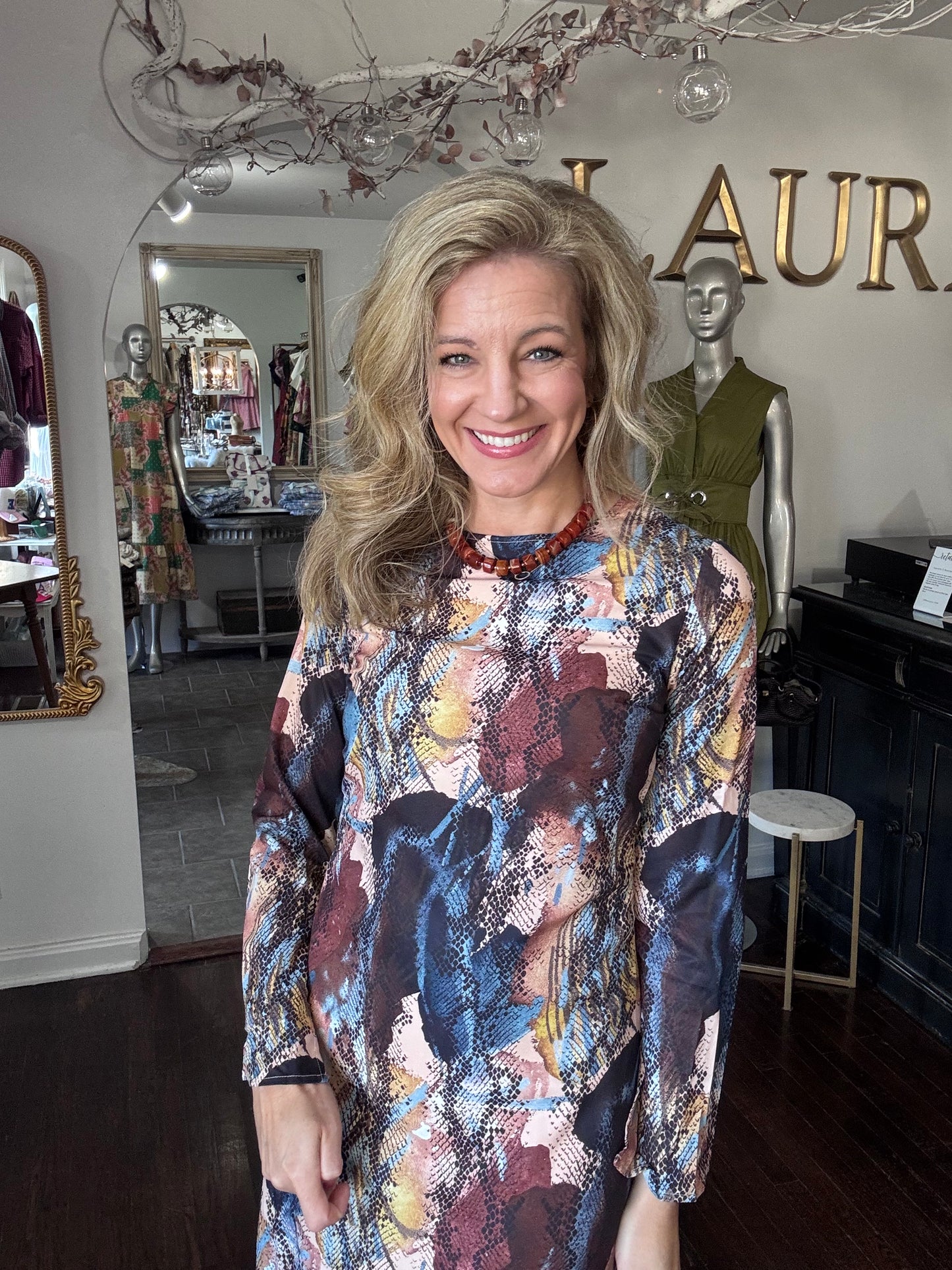 Blue brown gold animal print dress