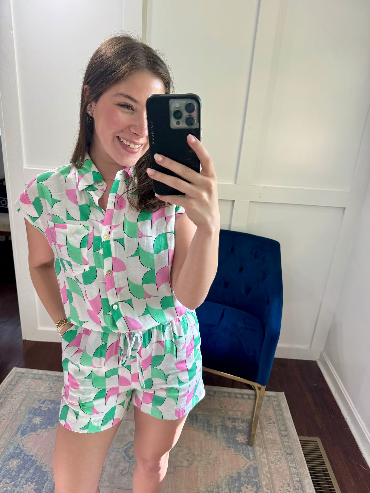 Green and pink button down top