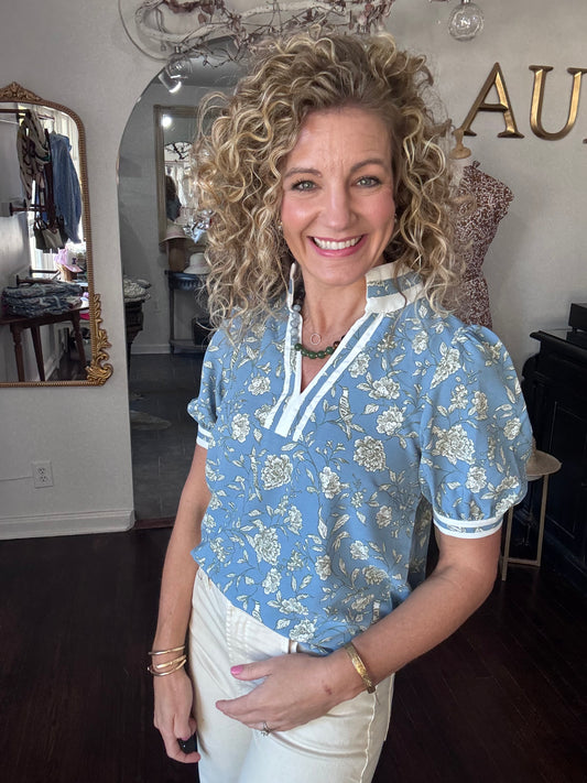Tricia blue song bird blouse