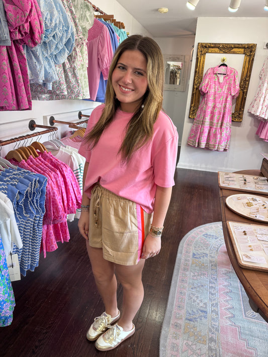 Taupe pink orange linen shorts