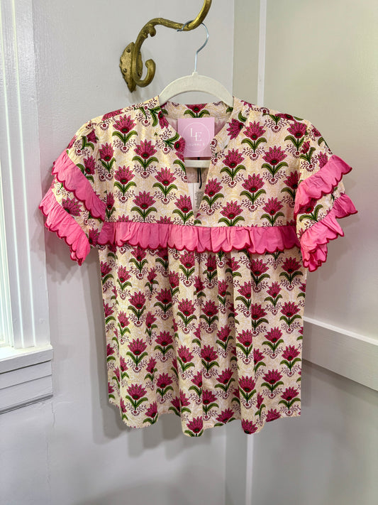 Beige pink floral block print blouse