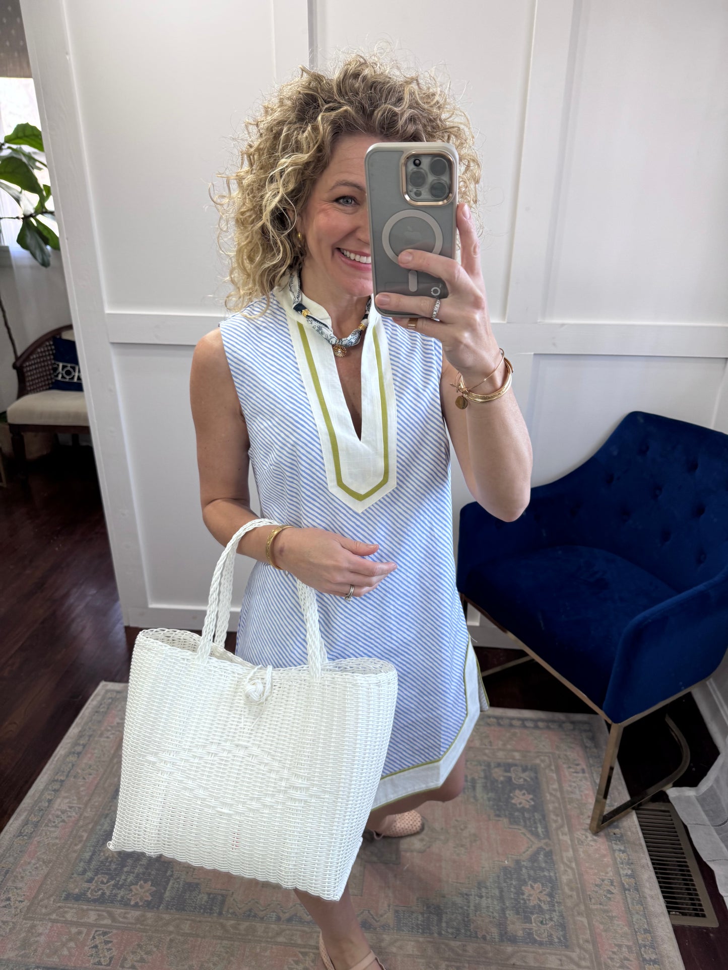 Blue striped shift dress