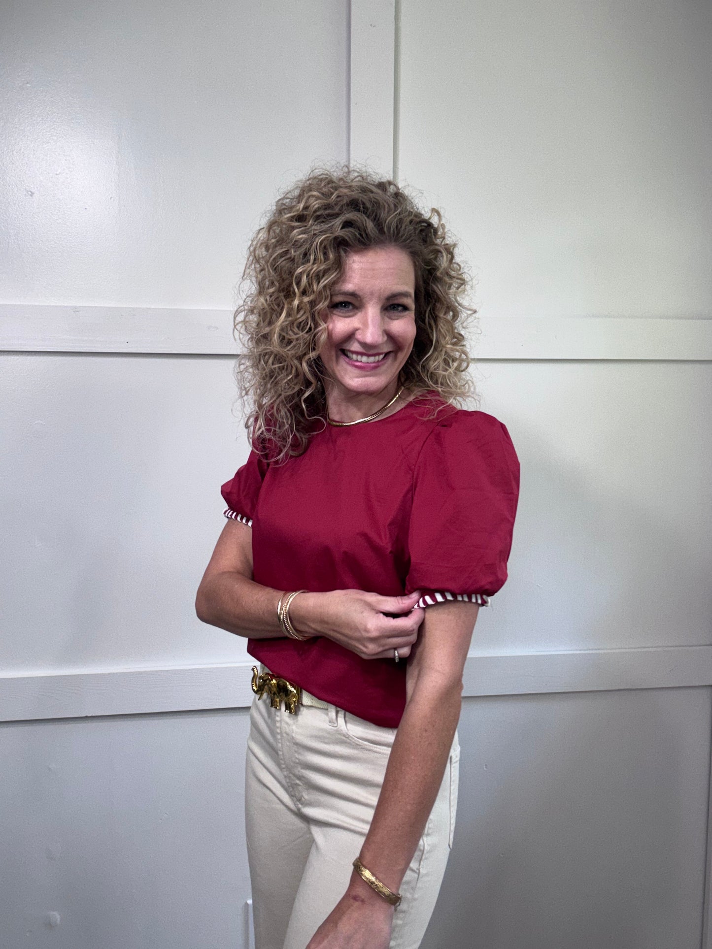 Crimson and white puff sleeve blouse