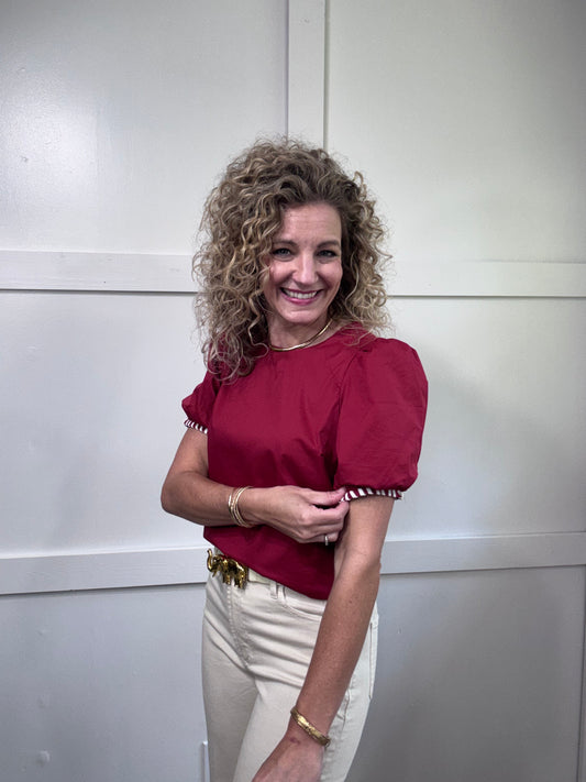 Crimson and white puff sleeve blouse