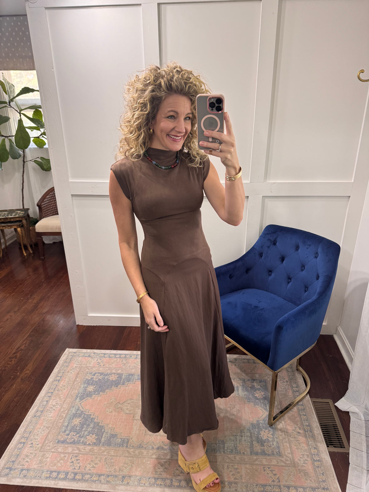 Liora chestnut brown midi dress
