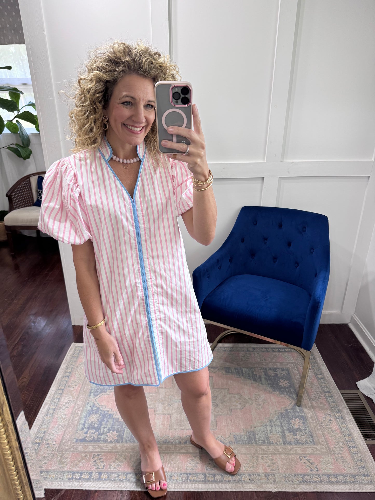 Pink striped blue trim dress