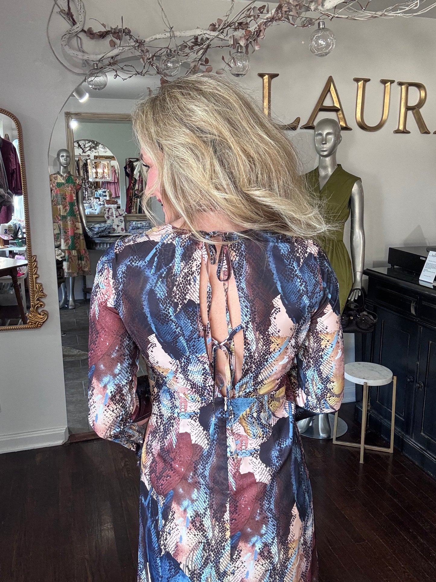 Blue brown gold animal print dress