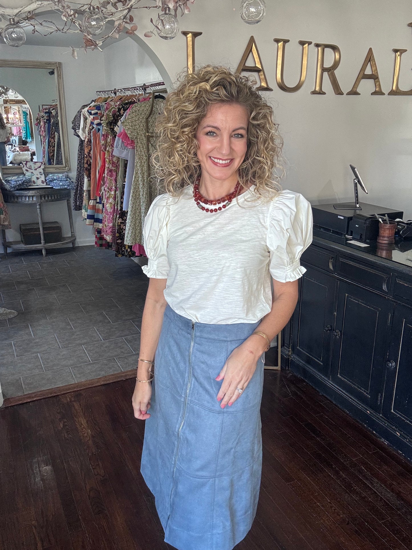 Blue suede midi skirt