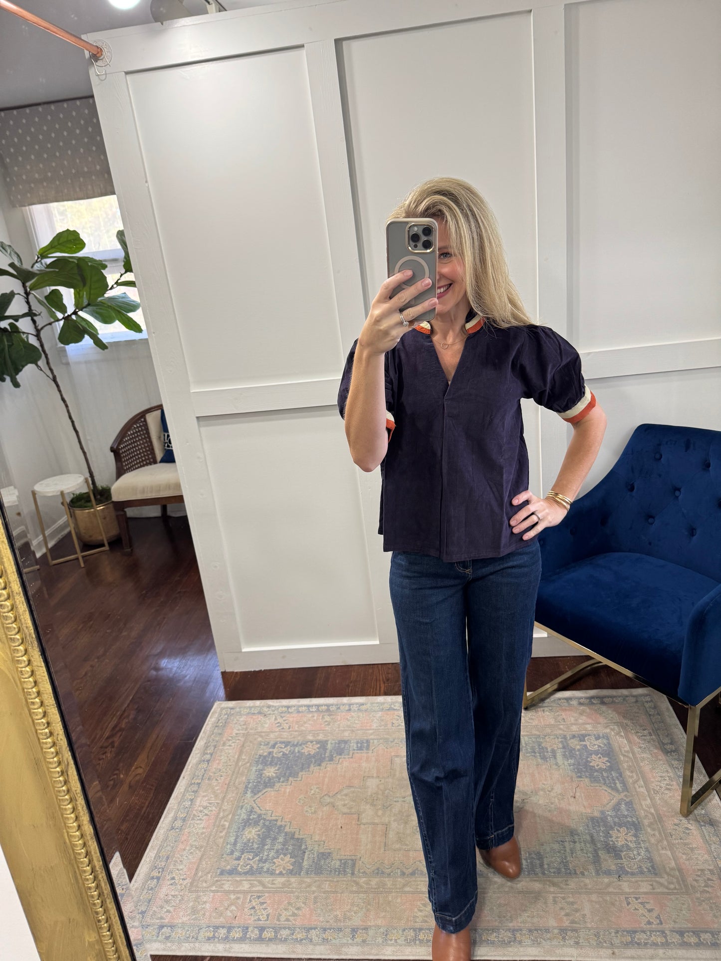 Navy corduroy with orange and ivory