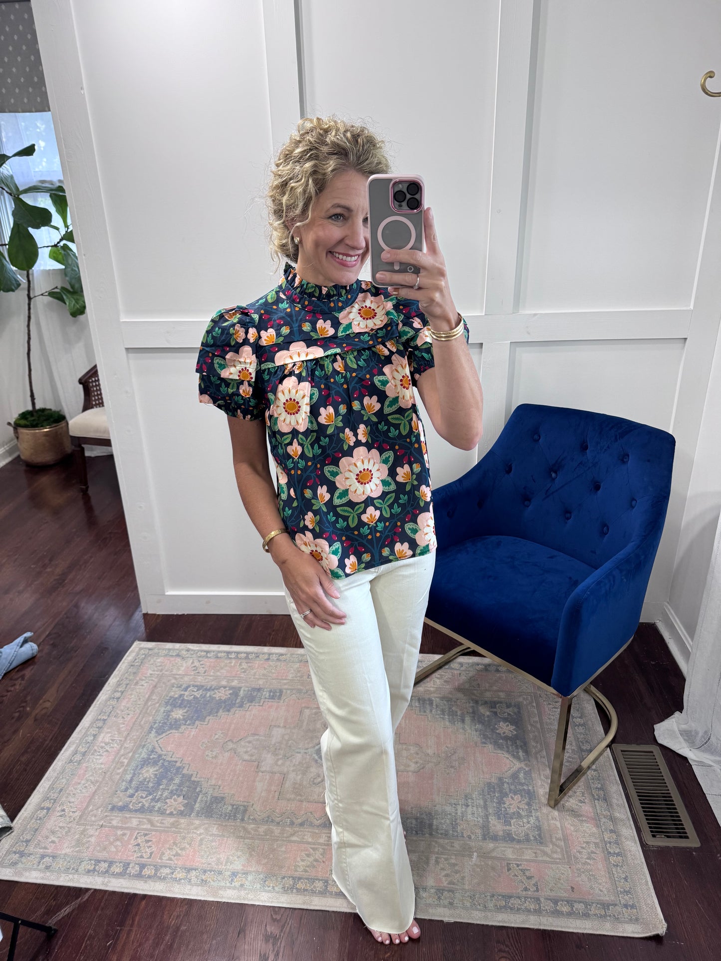 Navy wild rose top