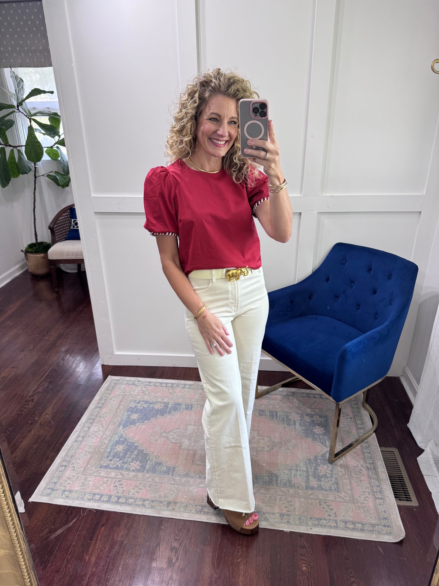 Crimson and white puff sleeve blouse