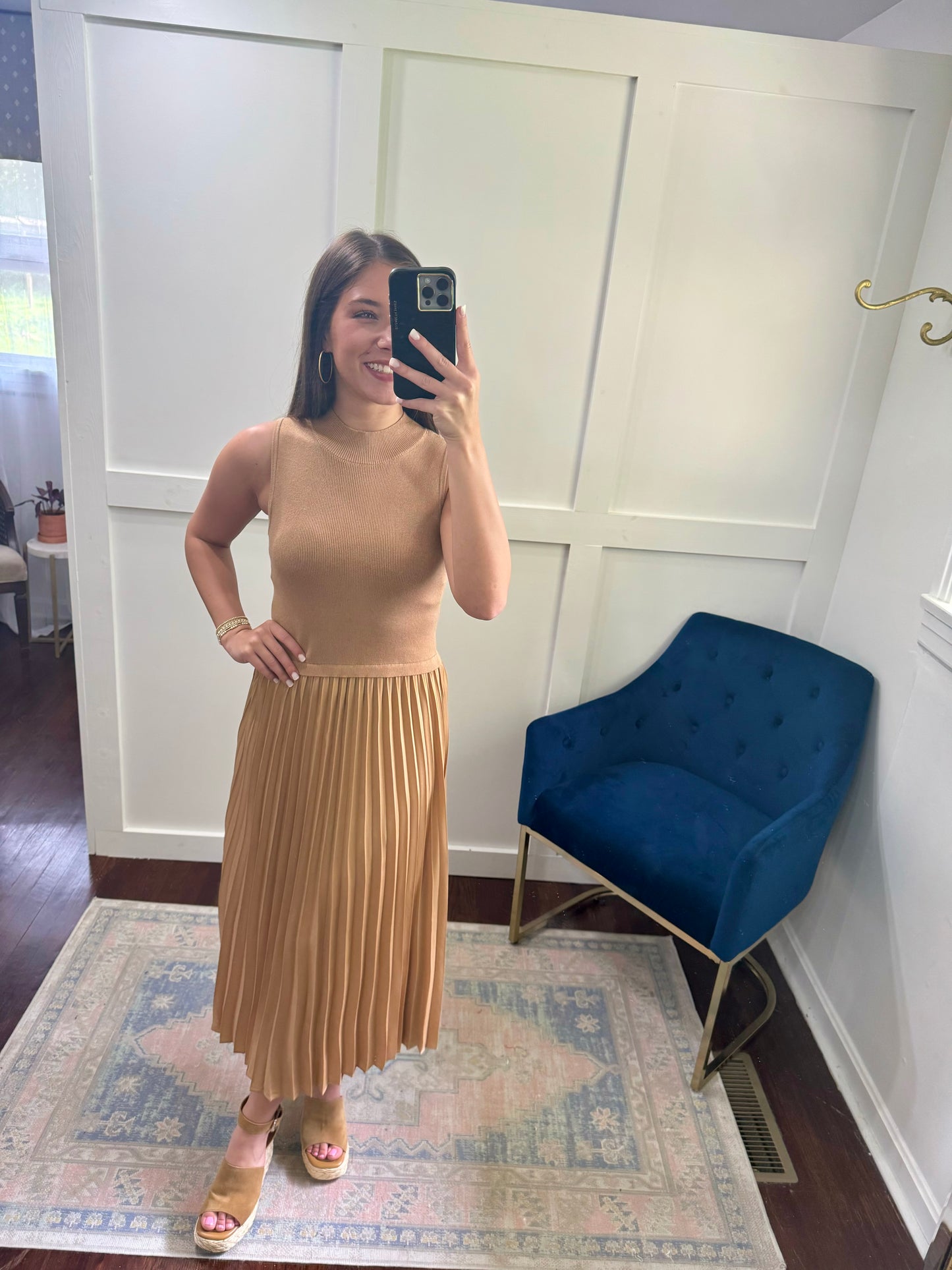 Tan pleated sweater dress