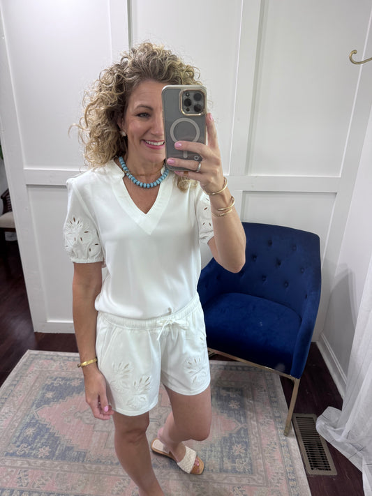 White eyelet embroidery shorts