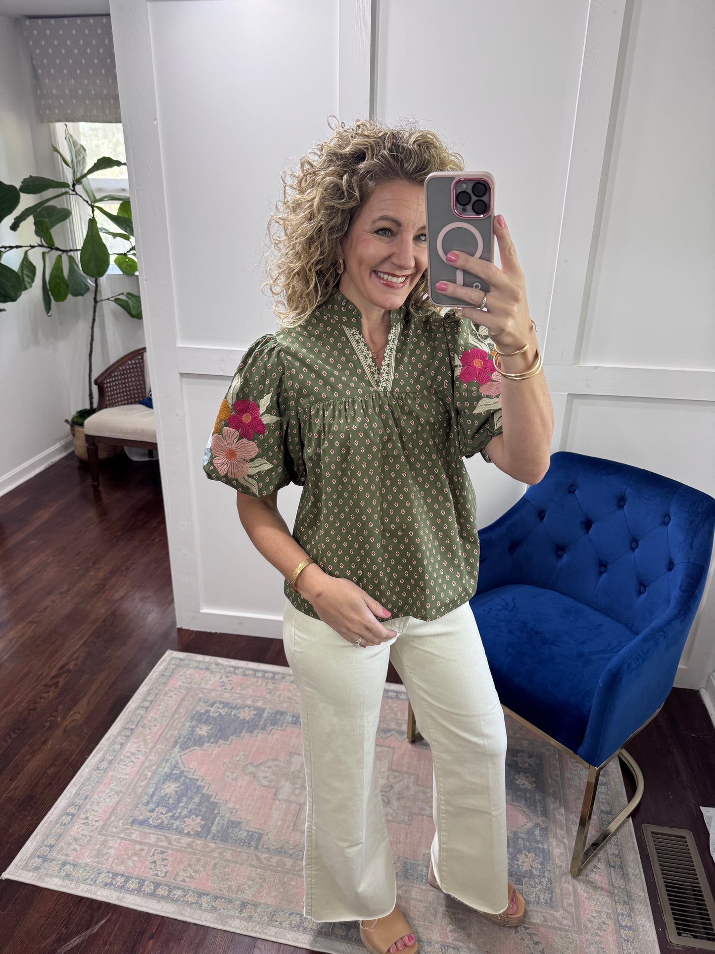 Olive embroidery sleeve top