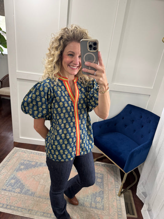 Dark teal floral print top