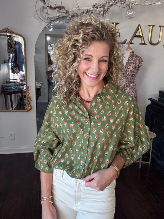 Olive poplin floral blouse