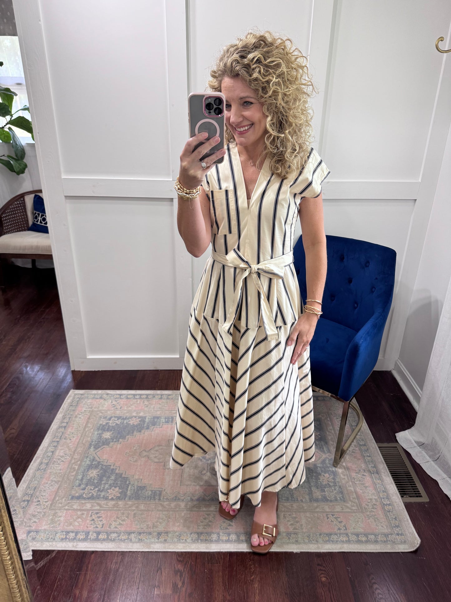 Cream and navy striped dress