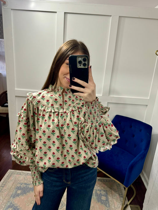 Taupe red green floral top