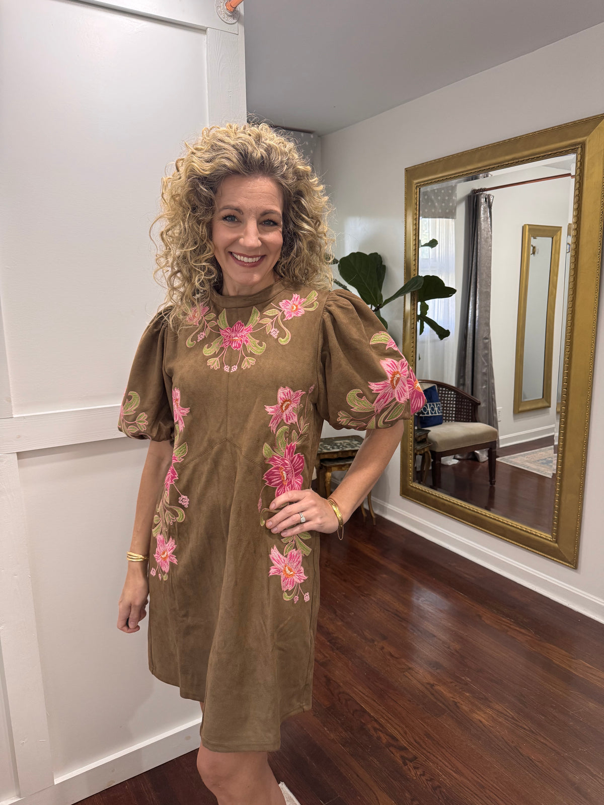 Tan suede floral dress