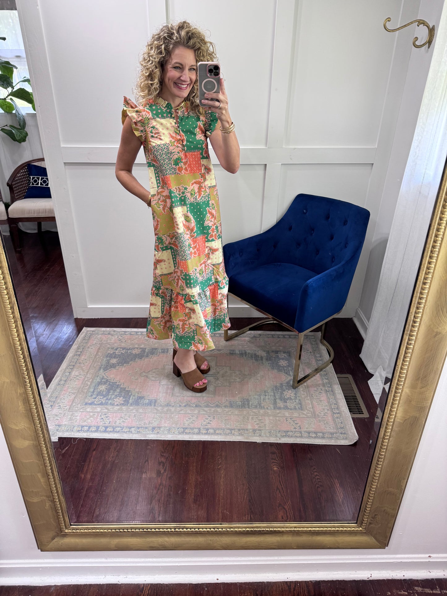 Green rust pink floral midi