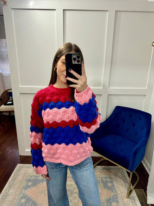 pink red blue colorblock sweater