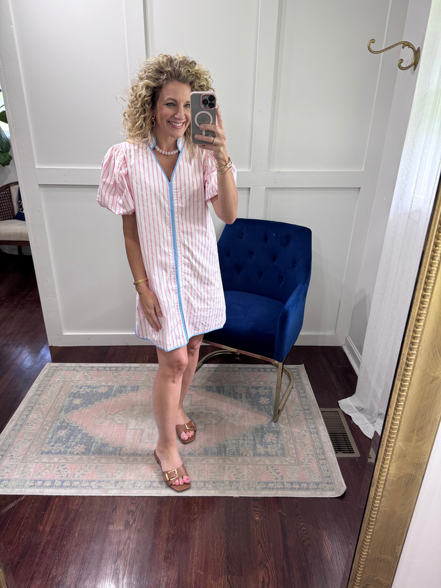 Pink striped blue trim dress