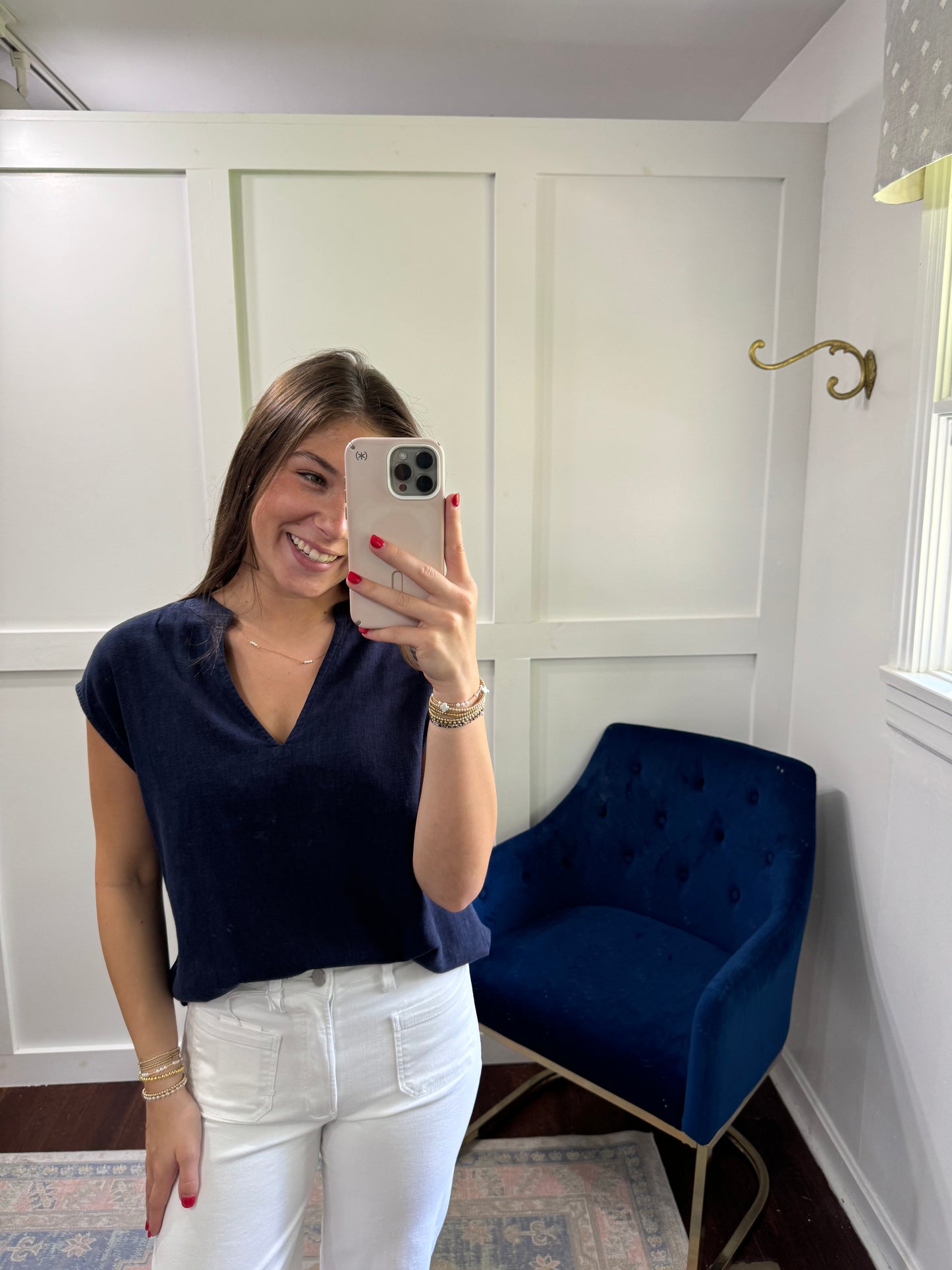 Vida navy linen blend top