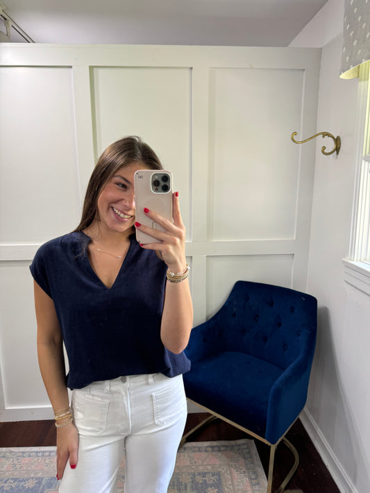 Vida navy linen blend top