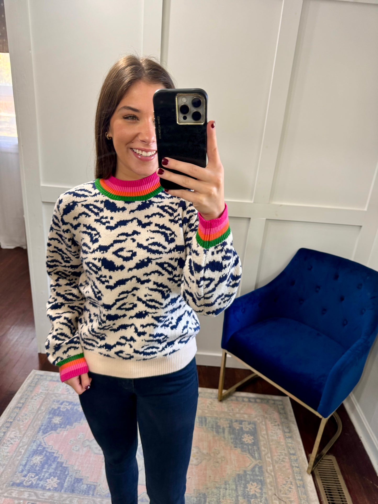 Snow leopard blue pink orange trim sweater