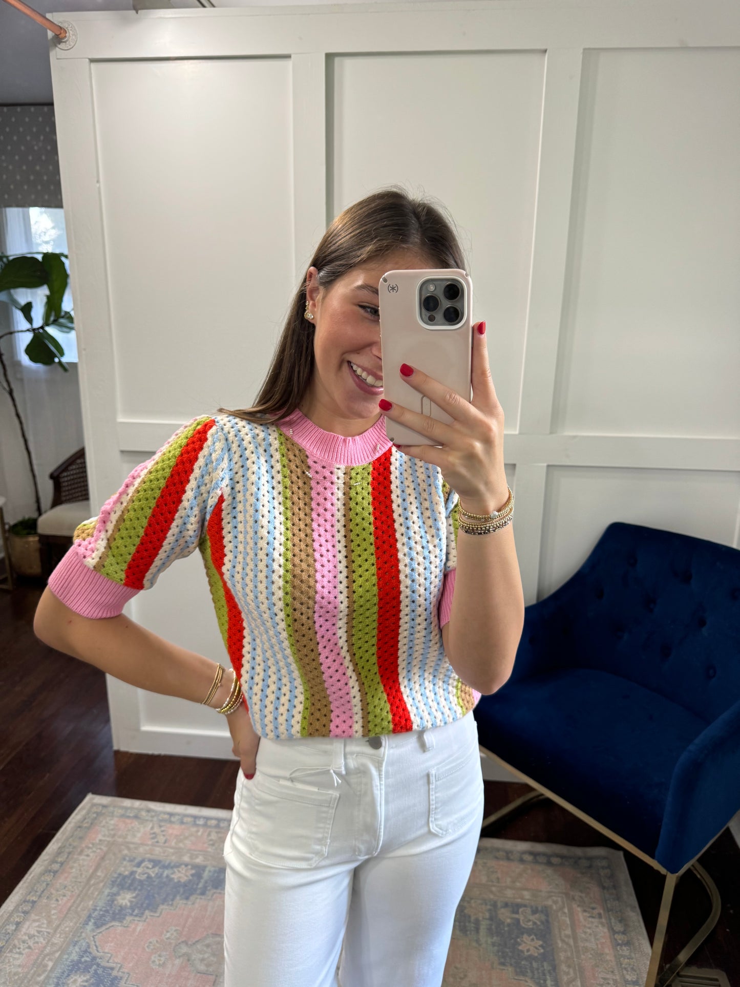 Short sleeve striped sweater