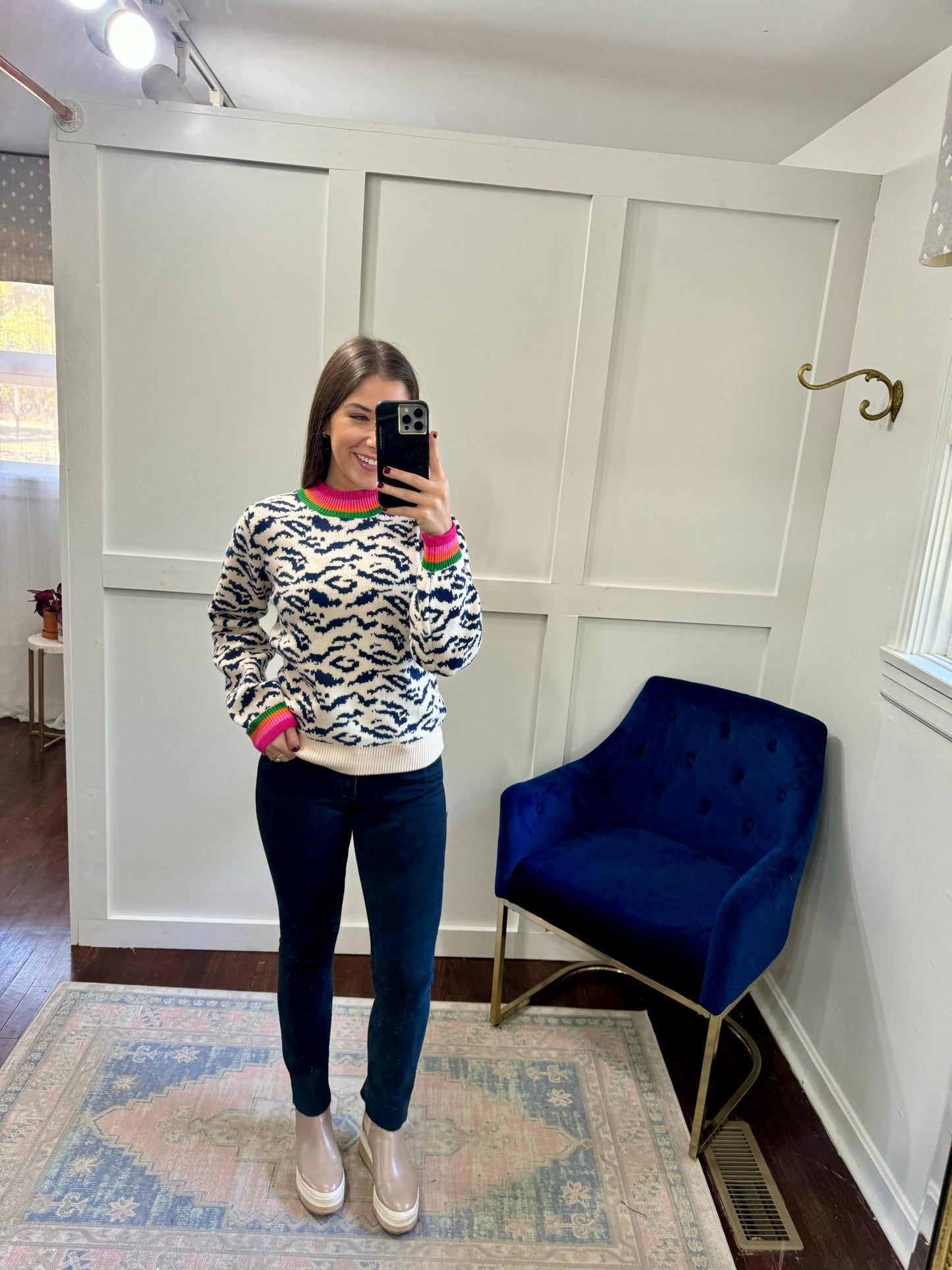 Snow leopard blue pink orange trim sweater