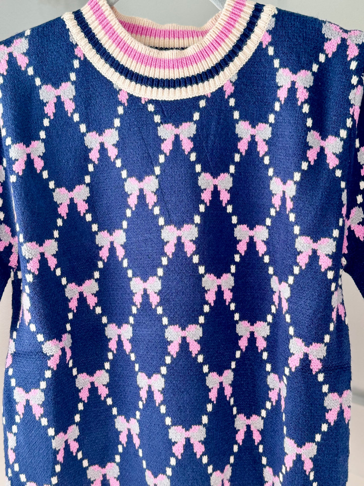 Navy and pink ribbon trellis sweater