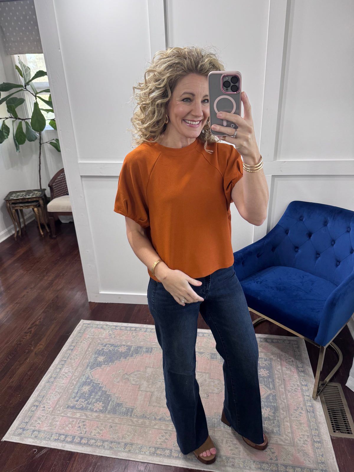 Rust round neck pleat top