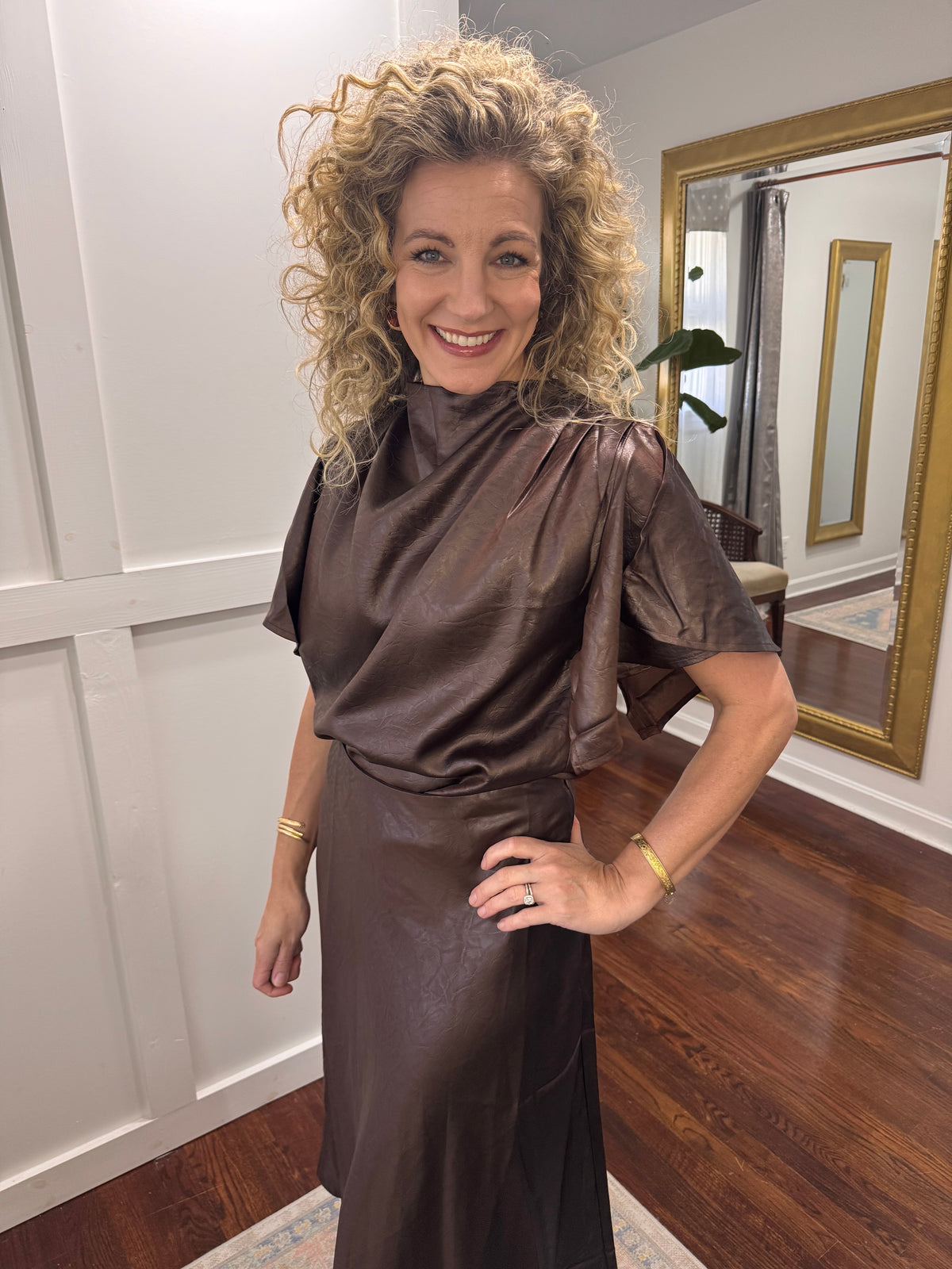 Chocolate leather satin blouse