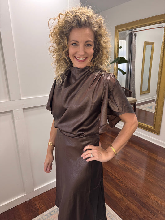 Chocolate leather satin blouse