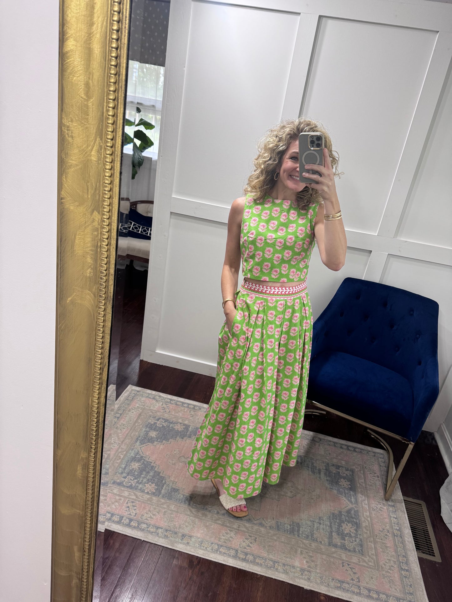 Green and pink floral skirt