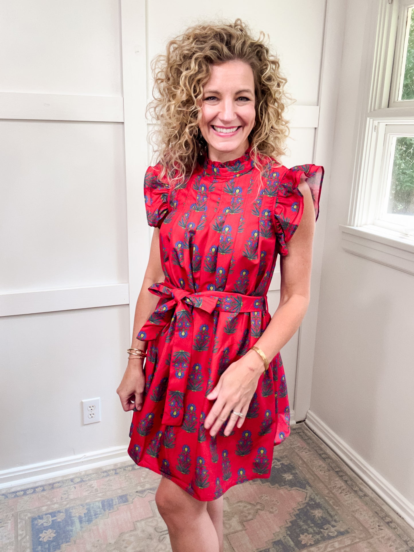 Crimson and blue floral dress
