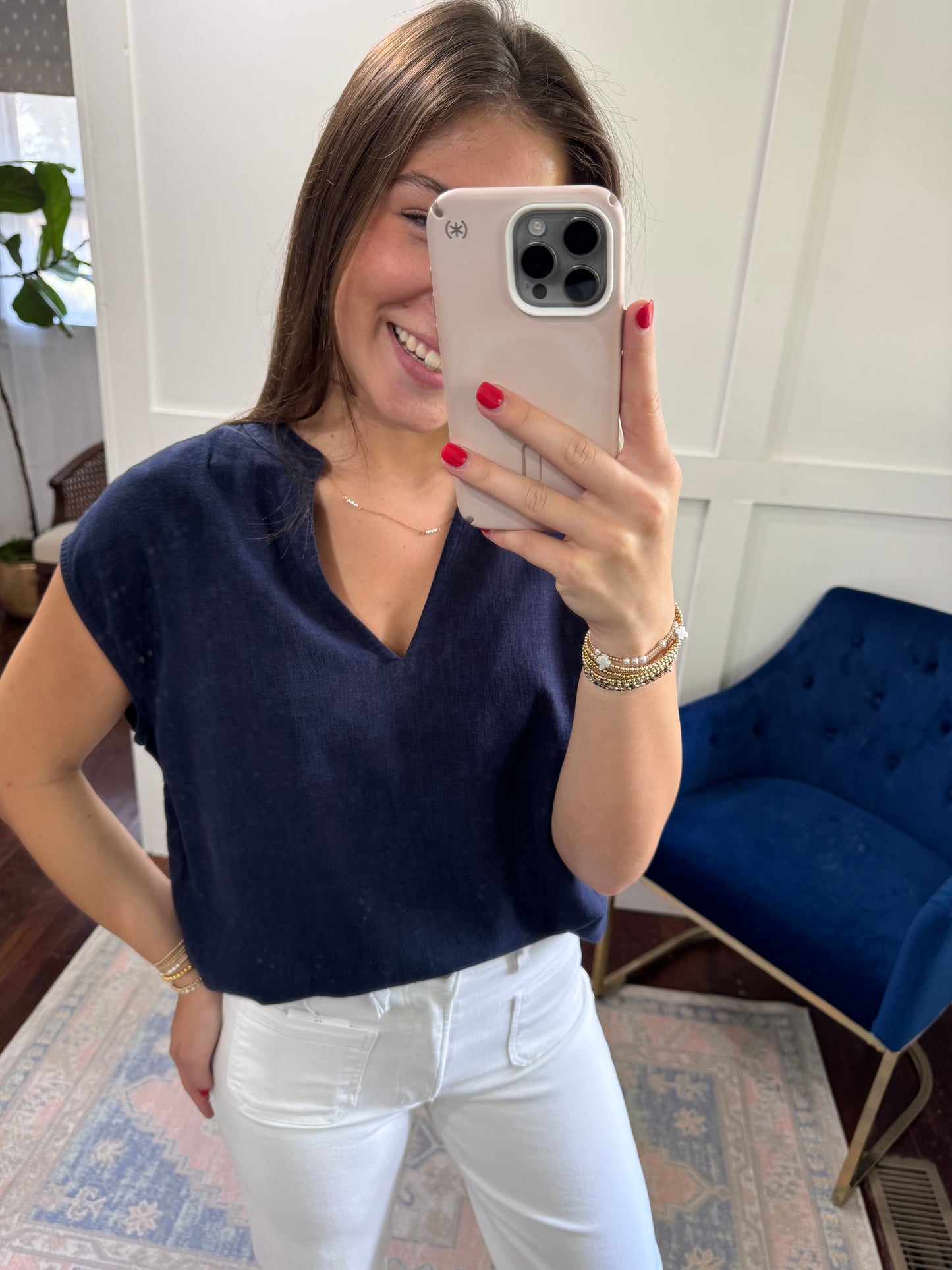 Vida navy linen blend top