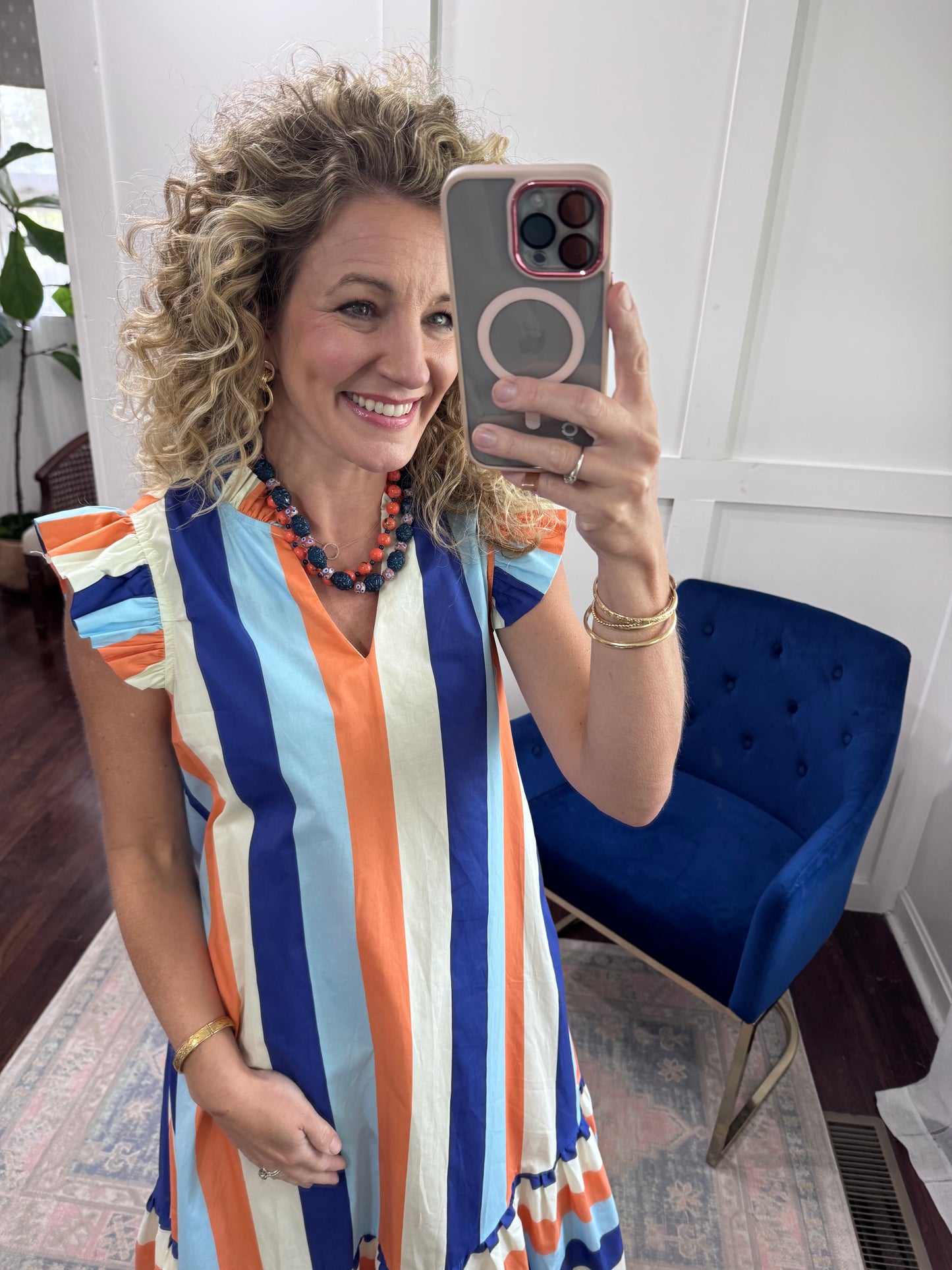 Blue coral bold stripes dress