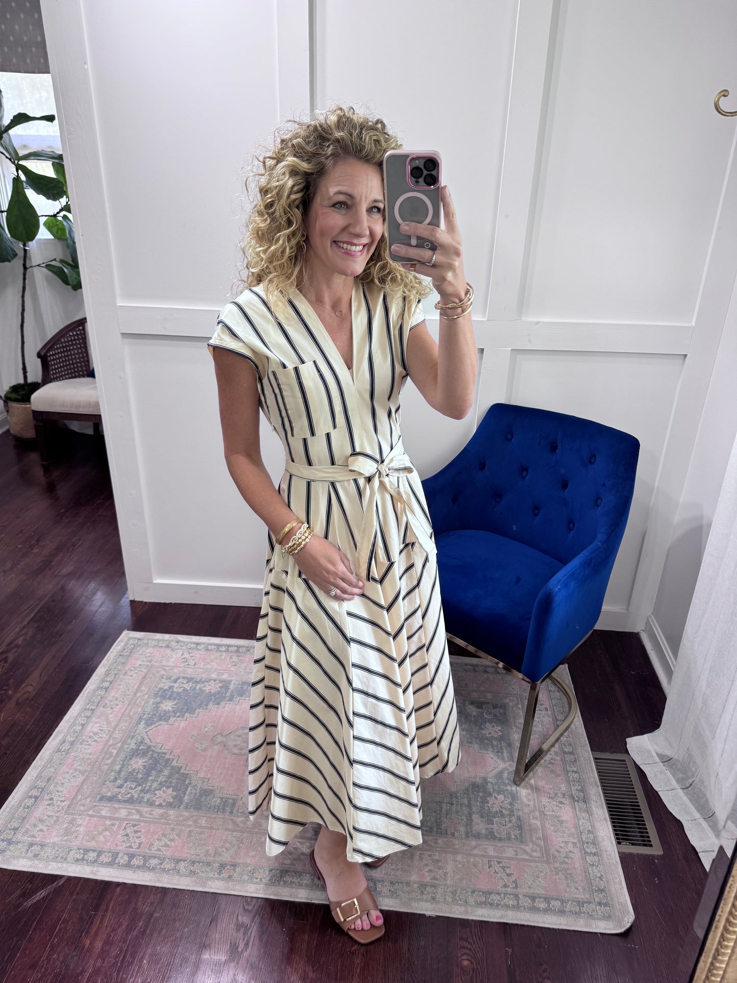 Cream and navy striped dress