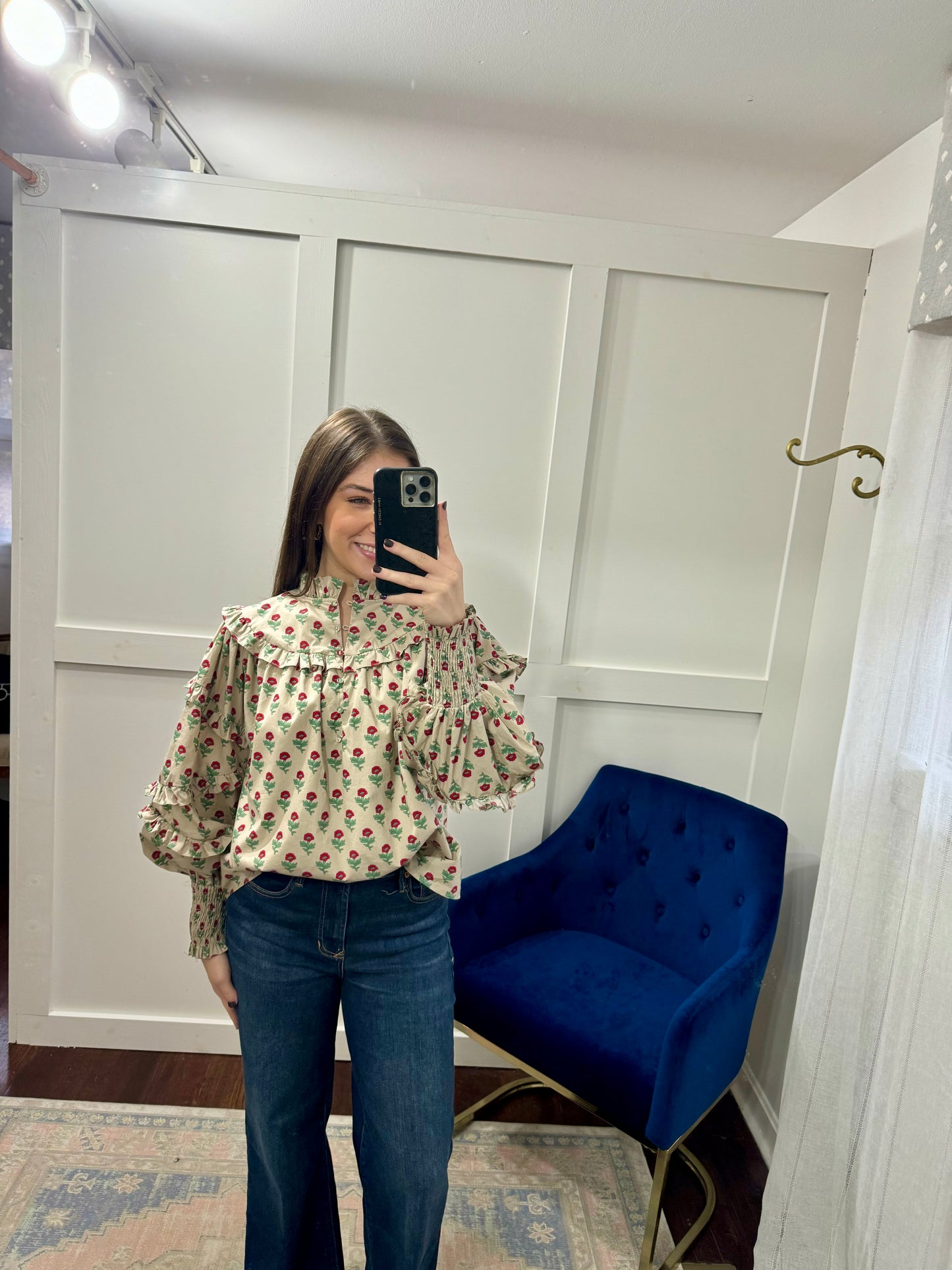 Taupe red green floral top