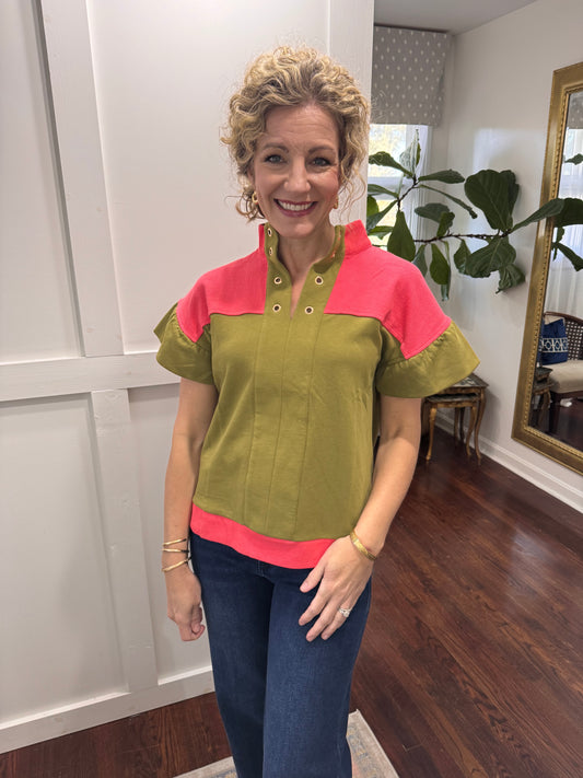 Olive and coral eyelet blouse