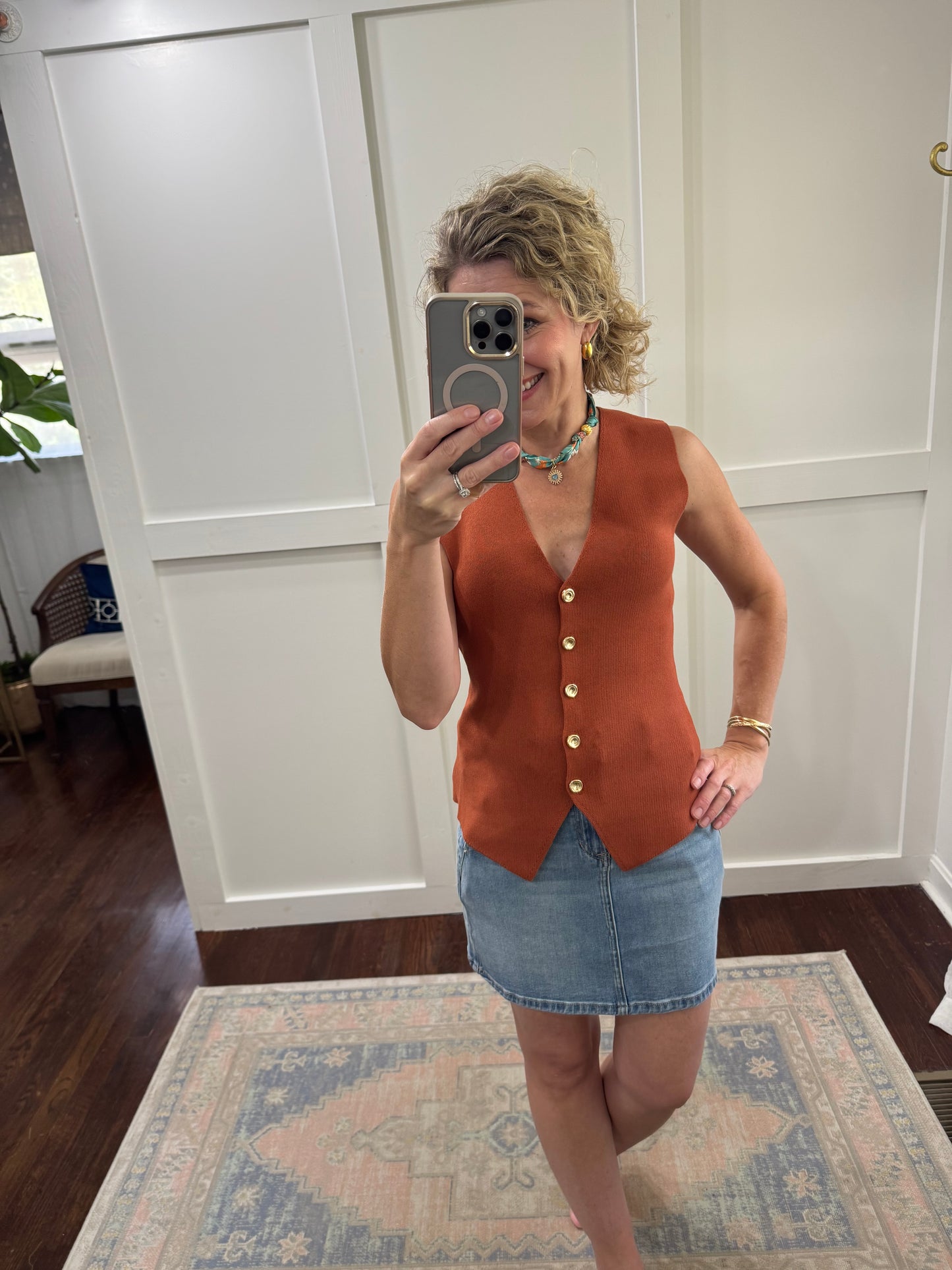 Camel button front sweater vest