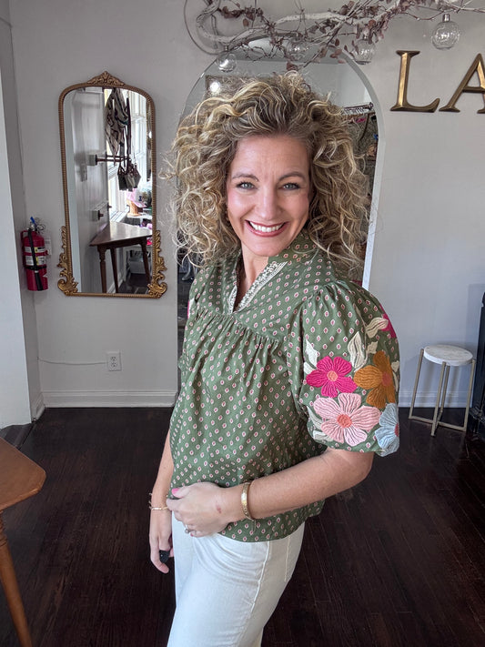 Olive embroidery sleeve top