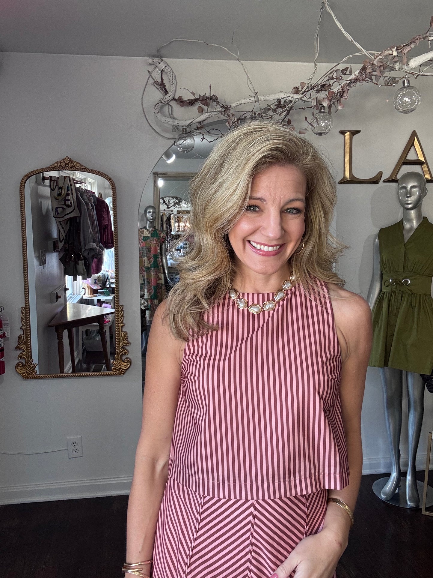 Blush and brown striped top