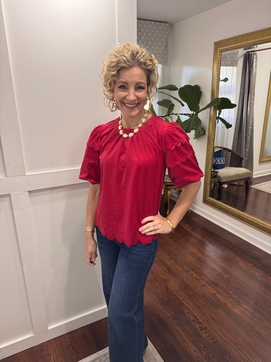 Cranberry scallop corduroy blouse