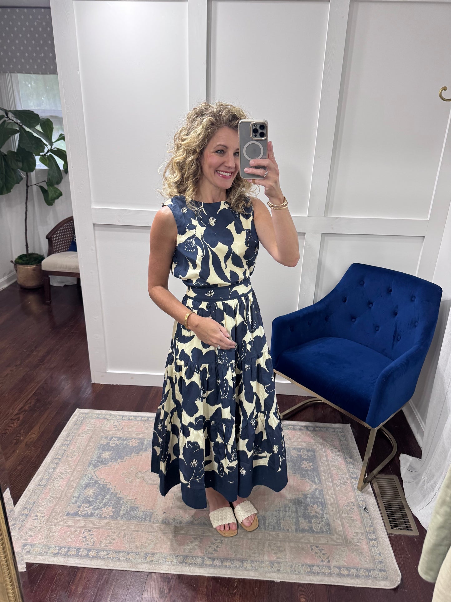 Navy floral tiered midi skirt