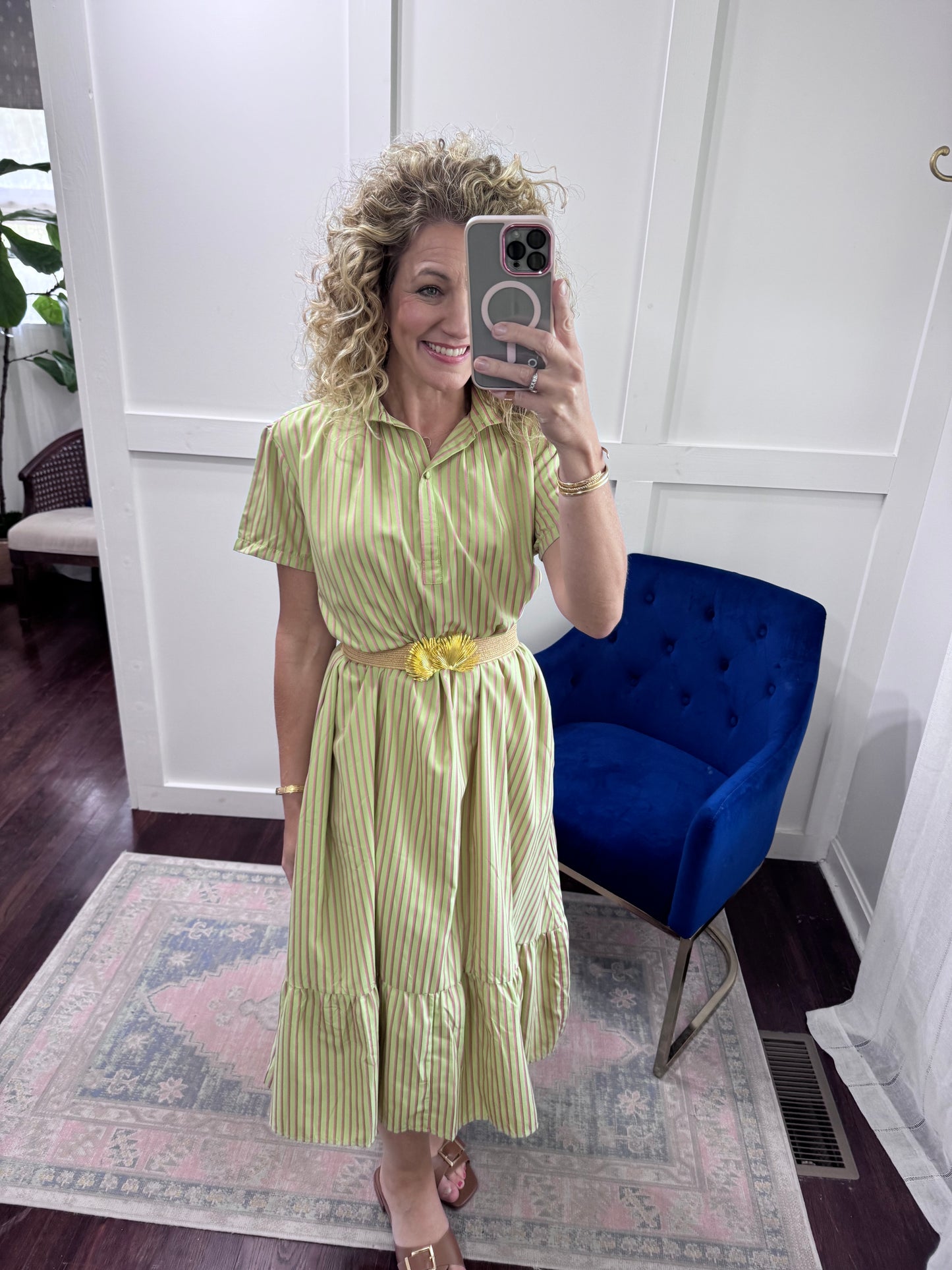 Sage and pink striped midi dress
