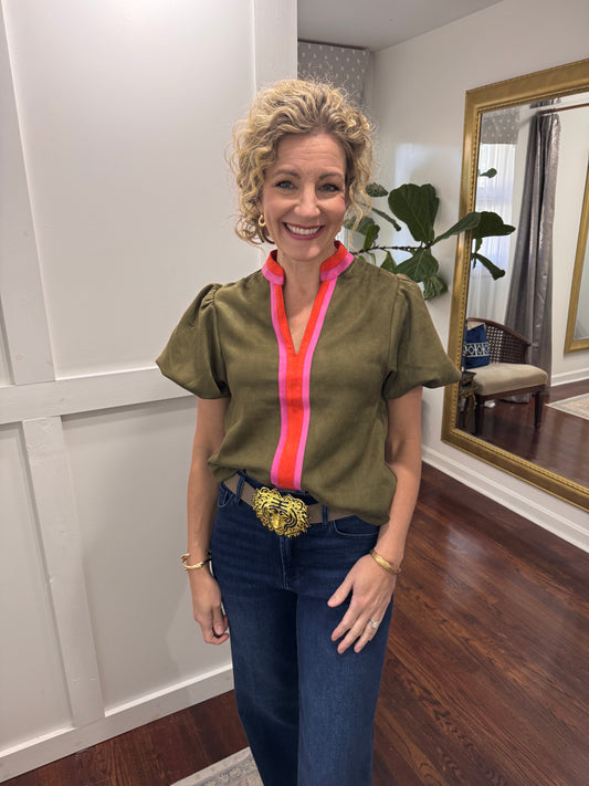 Olive suede colorblock top