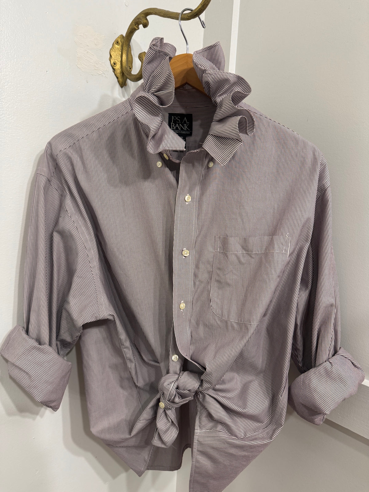 Choc pinstripe ruffle buttondown